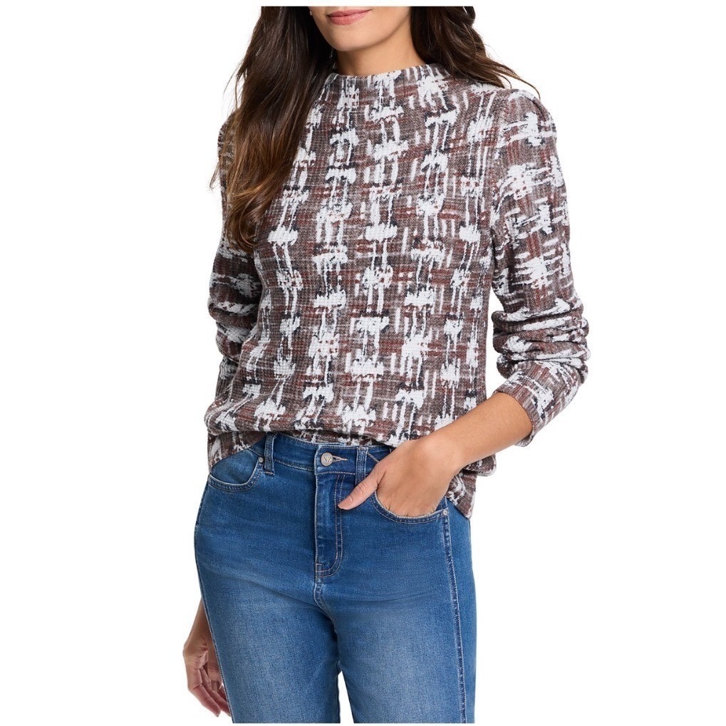 Nic+Zoe Waffle Stitch Stamp Sweater Grey Multi Mock Neck Pullover F241183 Xs